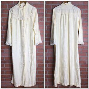 Vintage womens robe house coat button front lace trim mock neck M